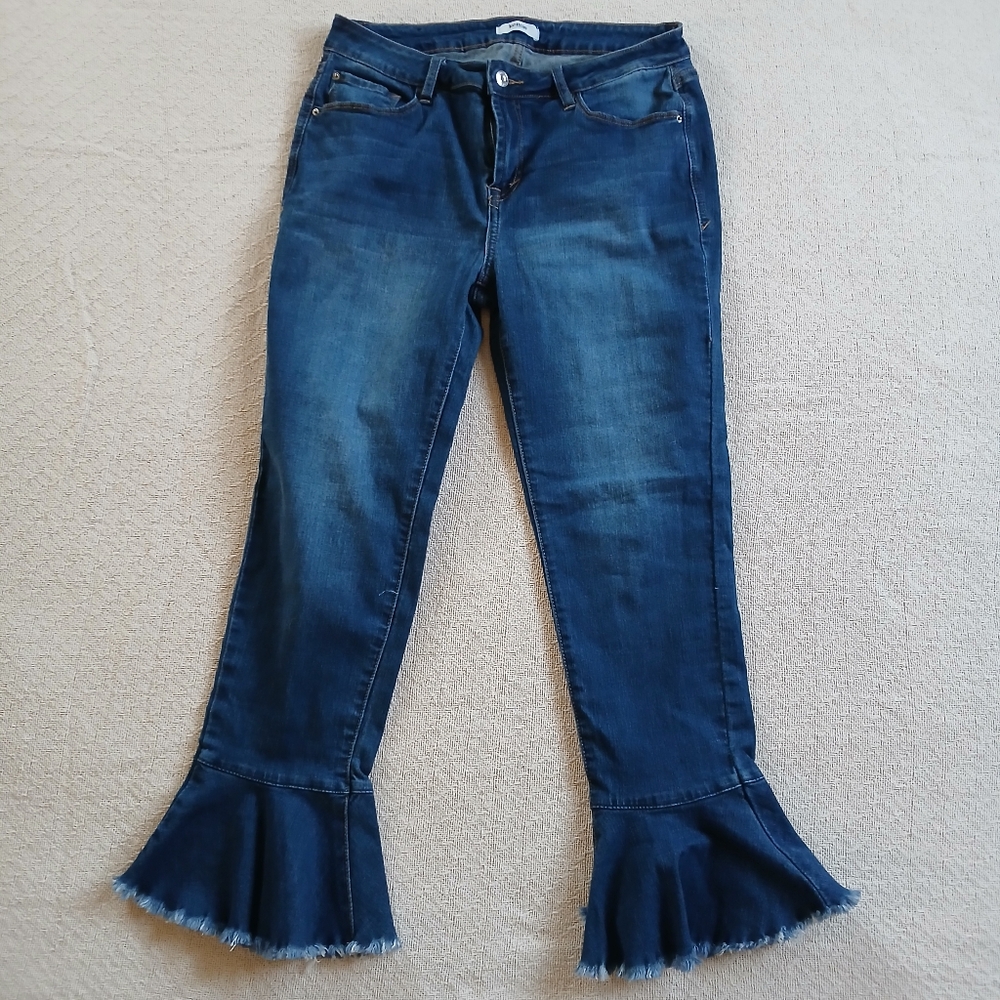 kensie ♡ flounced Comfy stretch jeans Medium Blue Wash Ruffle Hem Women's 10